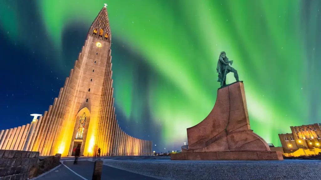 The Northern Lights or Aurora Borealis over Reykjavik